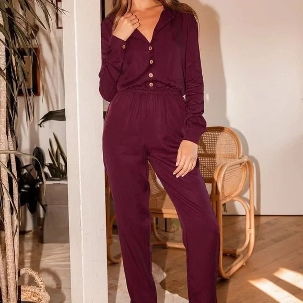 NWOT Lulus Plum Purple Long Sleeve Button-Up Jumpsuit